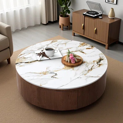 Luxury Round Coffee Table – Gold Nero Sintered Stone Top & Walnut Base – 35" w/2 Soft-Close Drawers | Wayfair North America