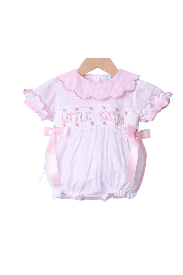 Smocked Little Sister Pink and White Swiss Dot Bow Bubble | The Smocked Flamingo