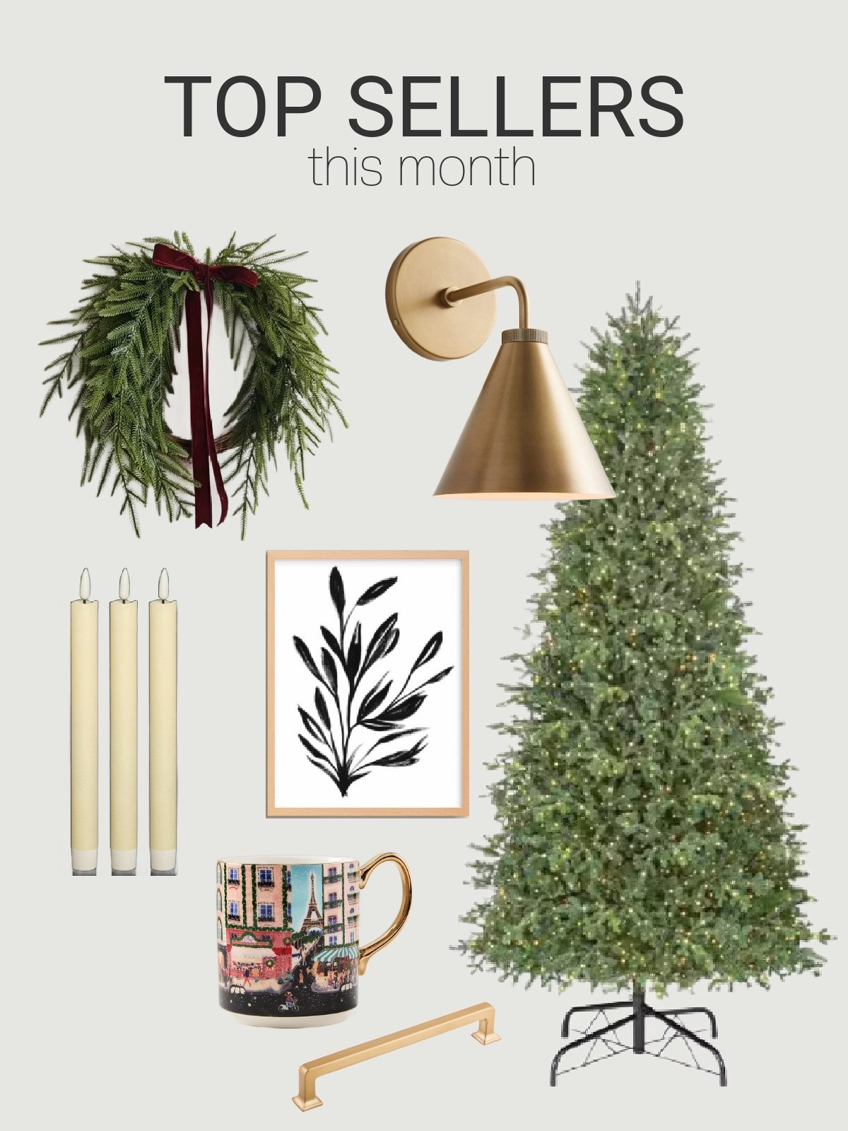 October’s top sellers! Love this brass sconce we installed in our kitchen. This evergreen wreath from Walmart is a stunner. Hurry and pick up the viral Christmas tree with twinkling lights from Home Depot before it sells out again! These battery operated candles are a holiday staple. I’ll never grow tired of this gorgeous ink art we have in our living room. Sip holiday drinks from this fun and festive mug. And, finally, this brass hardware will elevate any cabinet or drawer!

#LTKSeasonal #LTKHoliday #LTKHome