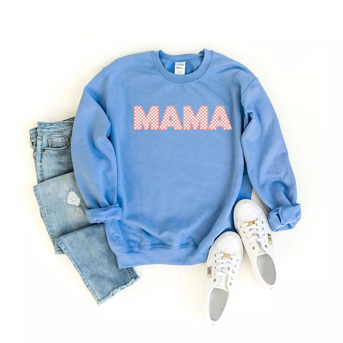 Simply Sage Market Women's Graphic Sweatshirt Pink Checkered Mama - S - Carolina Blue | Target