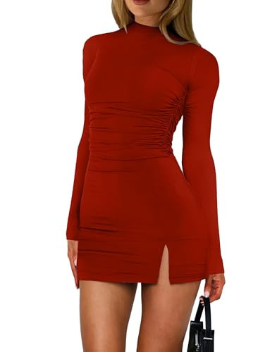 HYPERFIRE Women's Long Sleeve Mock Neck Ruched Bodycon Dress Cocktail Party Club Mini Dresses Going Out Red Small | Amazon (US)