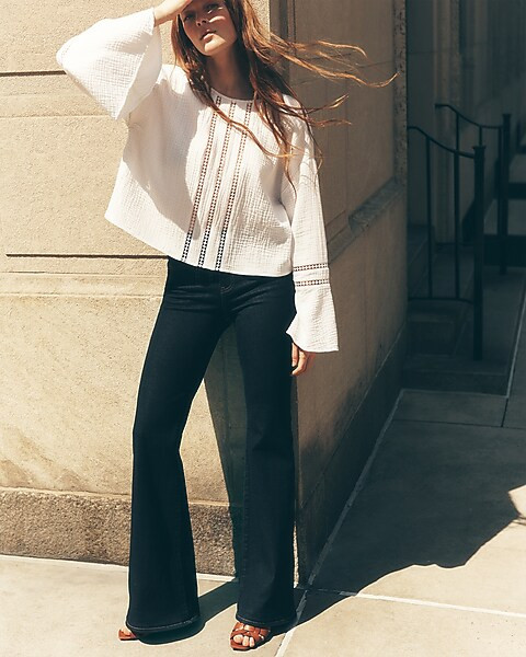 Eyelet Gauze Crew Neck Bell Sleeve Top | Express