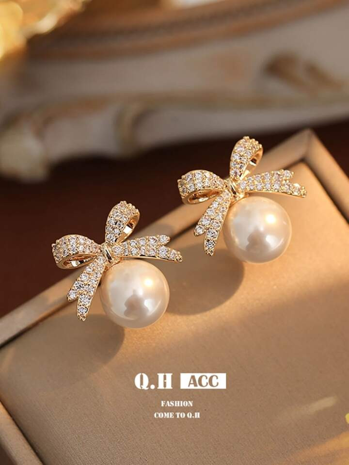 French Vintage Full Diamond Bowknot Imitation Pearl Earrings, Unique Design Luxurious Stud Earrin... | SHEIN