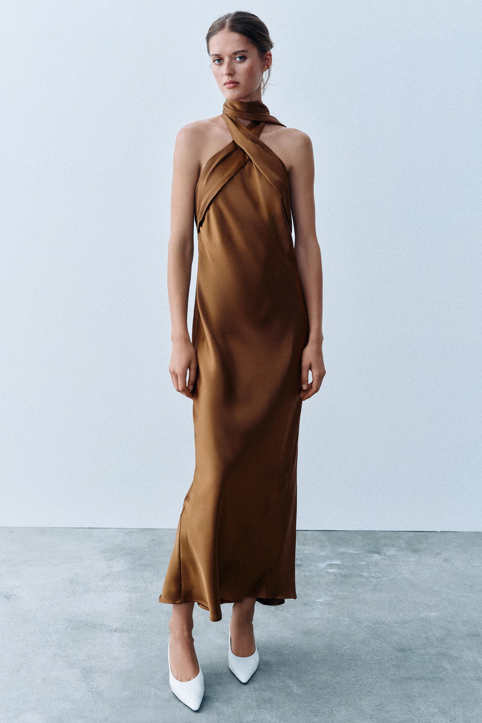 Zara - Satin Halter Midi Dress - Caramel - Xs - Woman | Zara US
