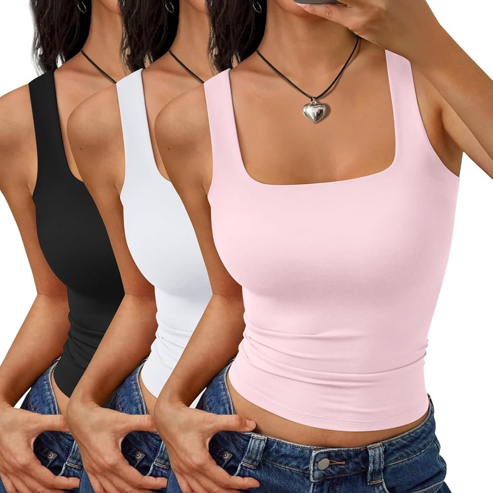 Trendy Queen 3 Pack Womens Double Lined Square Neck Tank Tops Crop Basic Summer Going Out Sleevel... | Amazon (US)