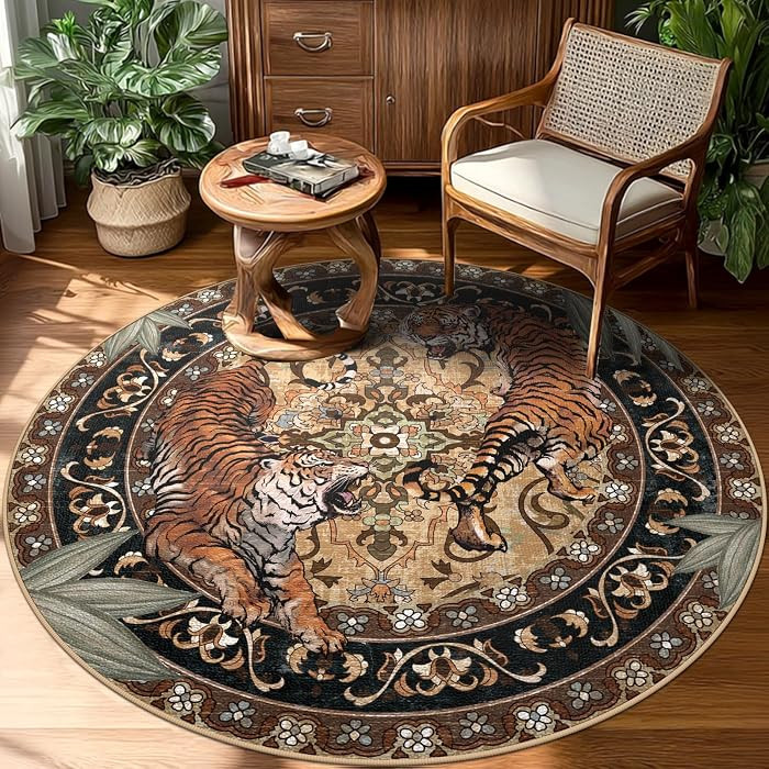 Round Tiger Area Rugs 6ft, Botanical Jungle Living Room Bedroom Circle Rugs Non Slip, Boho Washable Animal Print Area Floor Carpets for Entryway Dining Room Nursery Playroom, Brown | Amazon (US)