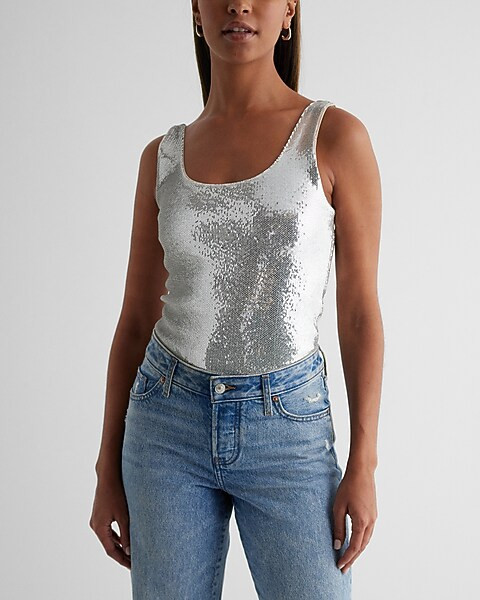 Body Contour Sequin Scoop Neck Bodysuit | Express