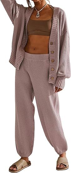 Lauweion Women's Two Piece Sweater Sets Knit Open Front Cardigan and Wide Leg Pants Fall Lounge O... | Amazon (US)