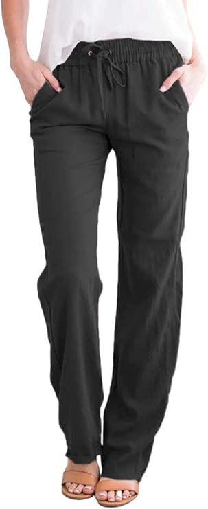 Acelitt Womens Casual Pants Straight Leg Drawstring Elastic High Waist Loose Comfy Trousers with ... | Amazon (US)