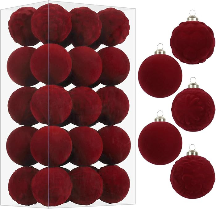 RoseCraft 30PCS Burgundy Velvet Christmas Ball Ornaments Set, 60MM/2.3Inch Shatterproof Flocked O... | Amazon (US)