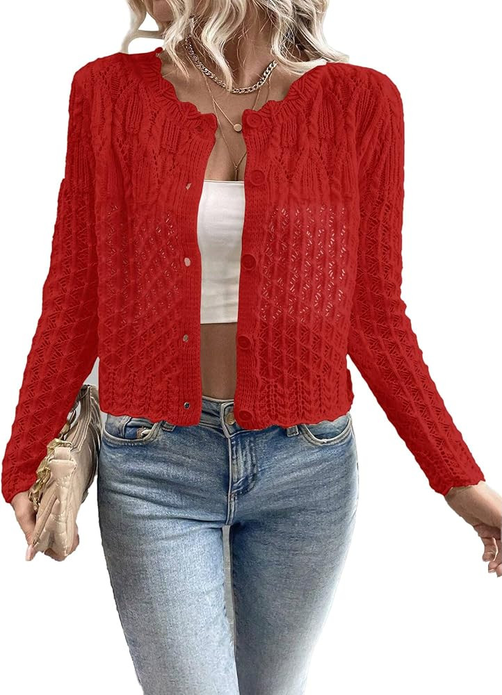Urchics Knit Cardigan Sweaters for Women Crewneck Cropped Sweater Long Sleeve Front Button Fall T... | Amazon (US)