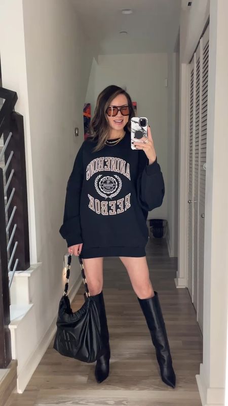 Fit check of the day ⚡️Loving this new sweatshirt that I wore as a dress. I probably could have sized up one more size in this sweatshirt. Obsessed with these boots that will elevate any outfit. 

Sweatshirt, Anine Bing, knee high boots, Steve Madden, spring outfit, The Stylizt 



#LTKshoecrush #LTKstyletip #LTKSeasonal