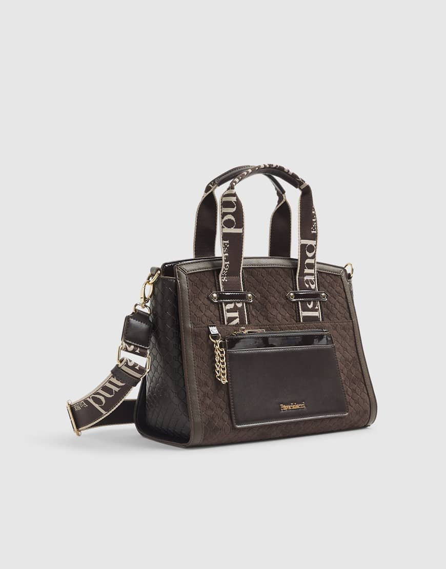 River Island Faux suede monogram tote bag in brown - dark | ASOS (Global)