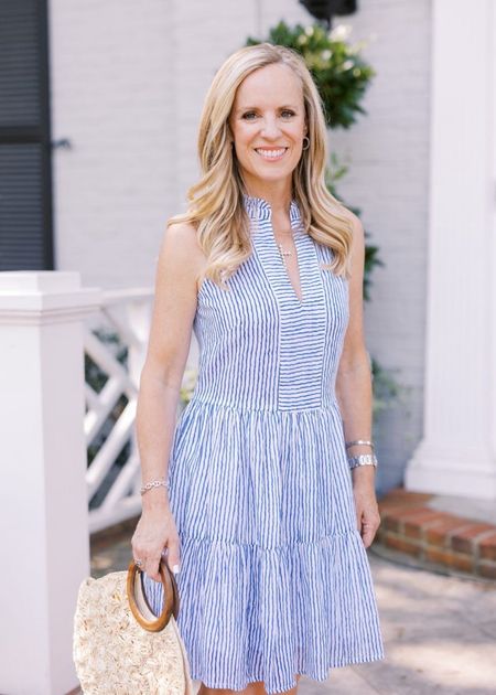 This is a great dress for summer!   

Blue and white striped dress 
Espadrilles 
Round straw bag with wooden handles 

#LTKOver40 #LTKSeasonal #LTKStyleTip