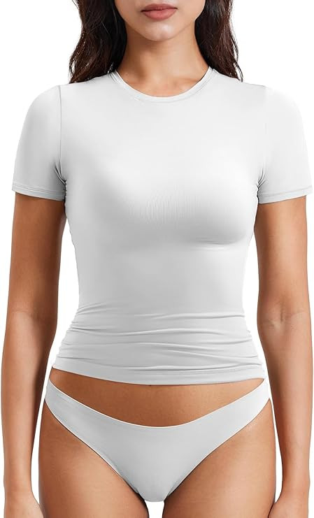 YEOREO Women Fitted Workout Tops Short Sleeve Double Lined Basic Y2K Going Out Crew Neck Compress... | Amazon (US)