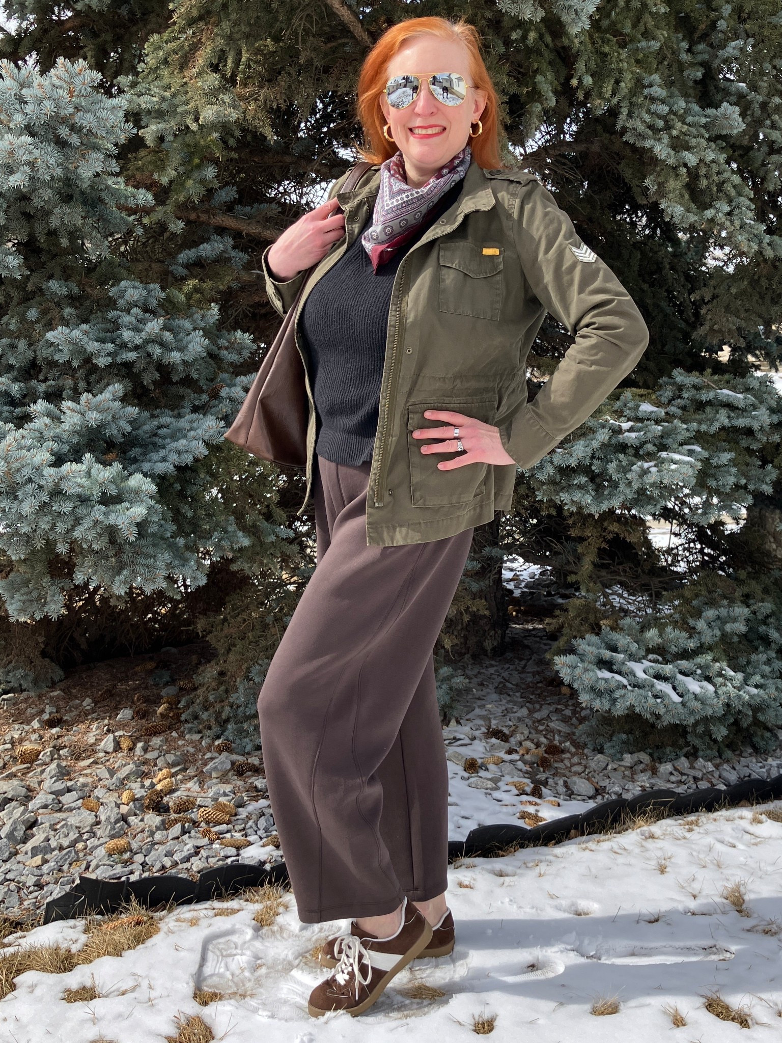 I am heart and soul AND hot and cold - ahhh the change of life. #ifykyk 😂 So the weather will not make up its mind so I put on my trust black sweater, a scarf, my barrel sweats, sneakers, army coat, and grabbed my favourite chocolate brown bag. I like layering a lot for visual interest but for also adapting to how warm or cold the day is. I’m into chocolate brown with black. Is it a combo you’d wear? Canadians click on the first links to shop, and Americans click on the second links to shop. If there’s only one link then you can shop it in your own country. And remember, trendy doesn’t have to be expensive! Bye!

#LTKMidsize #LTKootd #LTKOver40