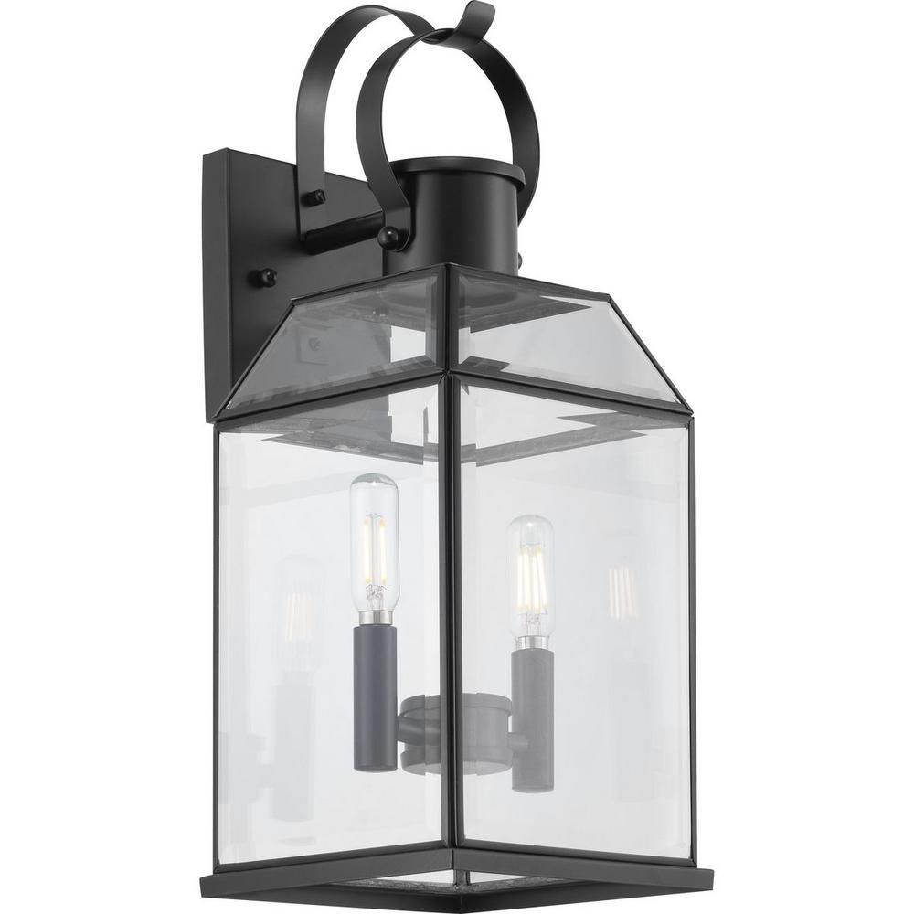 Progress Lighting Canton Heights 2-Light 18 in. Matte Black Outdoor Wall Lantern with Clear Bevel... | The Home Depot