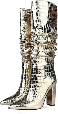 Women Patent Slouchy Block Heel Boots Shiny Sequins Knee High Chunky Heel Boot Mid Calf Dress Sho... | Amazon (US)