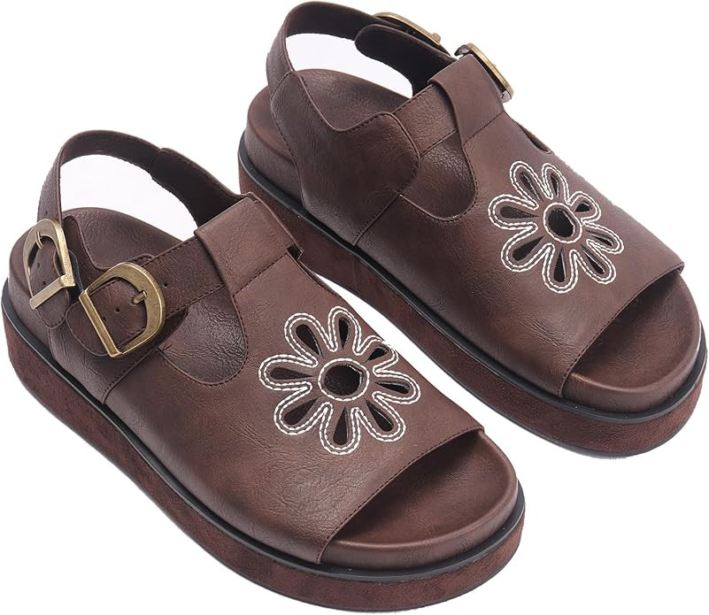 Brown Flower Platform Sandals for Women with Adjustable Buckle Back Strap Comfort Summer Open Toe... | Amazon (US)