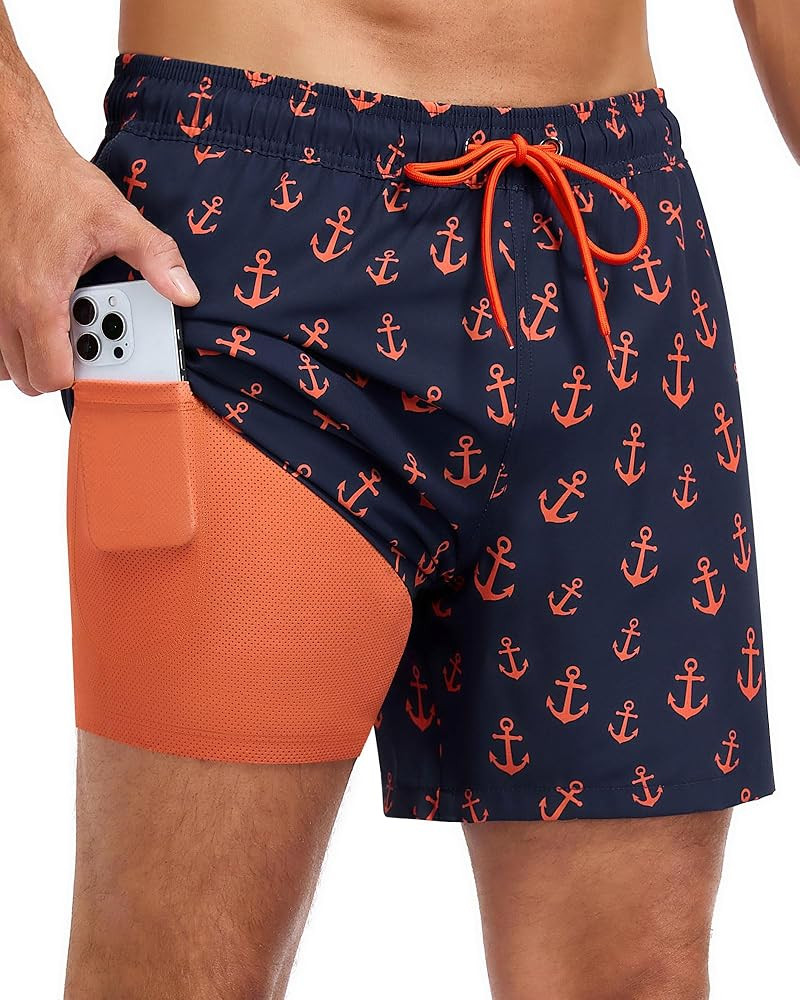 Mens Swim Trunks with Compression Liner, 7 Inch Quick Dry 2 in 1 Swim Shorts with Zipper Pockets ... | Amazon (US)