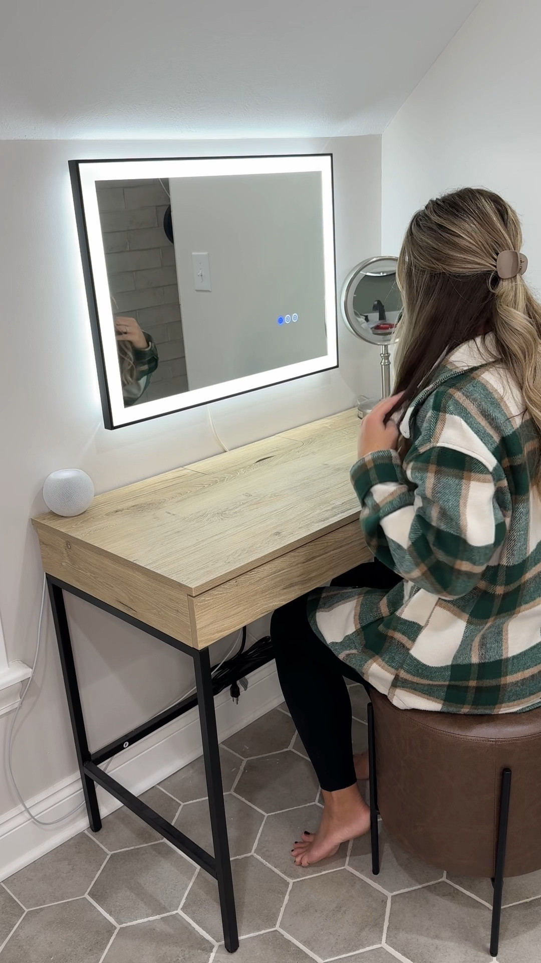 DIY vanity part 2! This is perfect for setting up a vanity in either your bathroom or bedroom. The light up mirror makes it so easy to do your hair and makeup, and the stool is extremely comfortable 😍 

This neutral setup is perfect for the farmhouse or boho decor look.

#LTKVideo #LTKhome #LTKGiftGuide