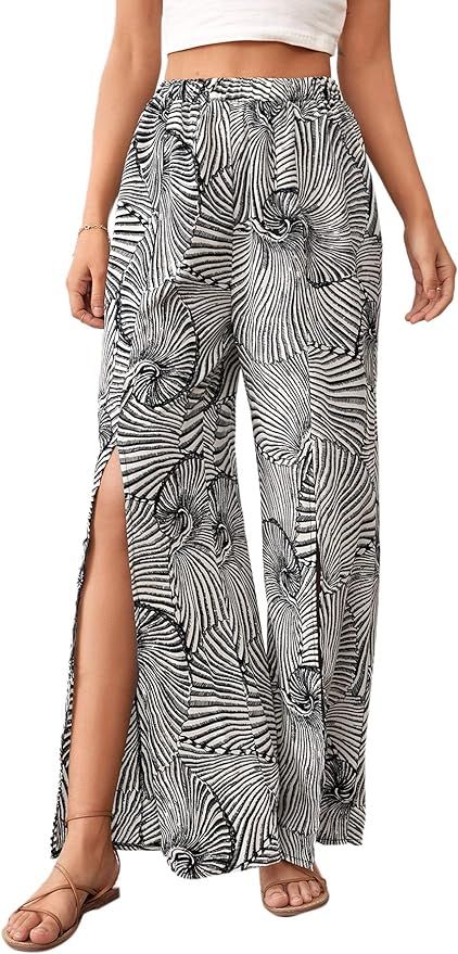 WDIRARA Women's Printed Elastic High Waist Split Front Wide Leg Casual Pants | Amazon (US)