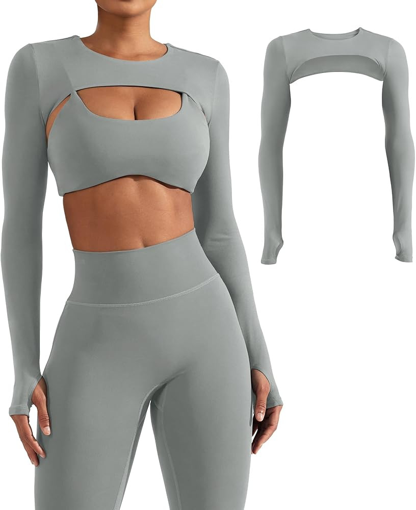 YEOREO Women Crop Top Long Sleeve Bolero Open Front Workout Cropped Shirts Sports Shrug | Amazon (US)
