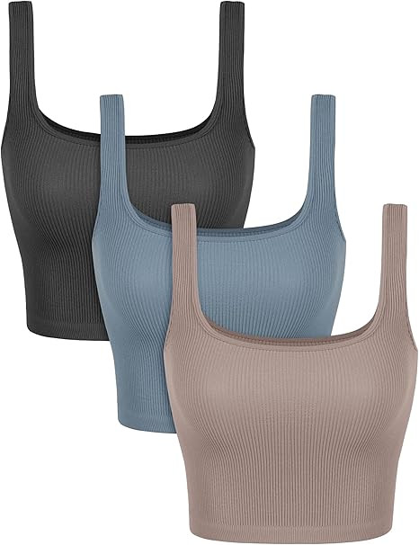 ODODOS 3-Pack Seamless Square Neck Crop Tank for Women Ribbed Knit Soft Low Back Cropped Tops | Amazon (US)