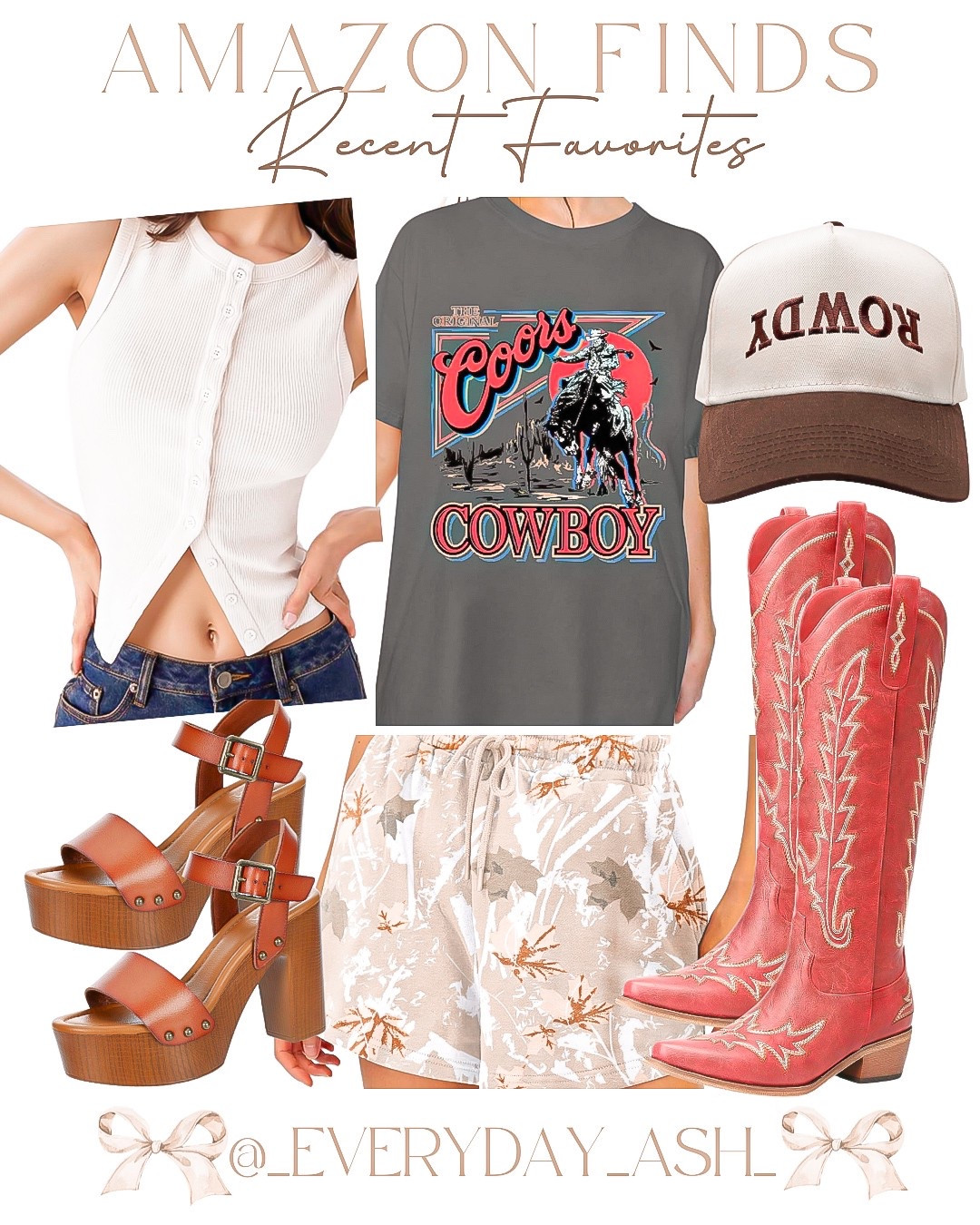 Amazon Finds ♥️


White shirt, cowboy graphic tee, rowdy trucker hat, high heels, camo shorts, red western boots 

#LTKStyleTip #LTKSummerEdit #LTKFindsUnder50