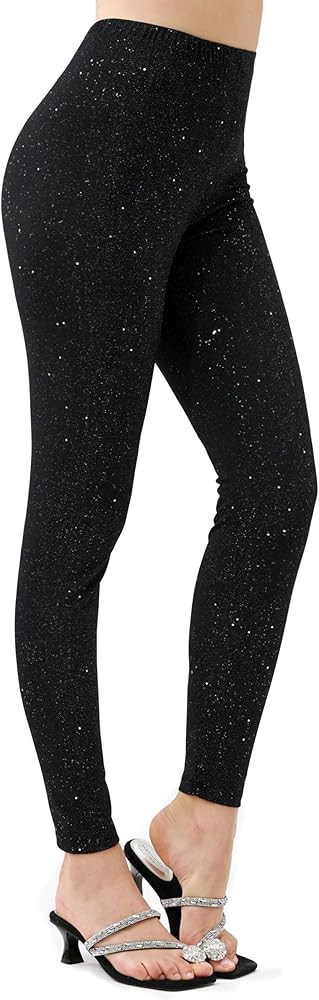 High Waisted Black Glitter Skinny Leggings for Women- Starry Sky Print Soft Elastic Waist Full Le... | Amazon (US)