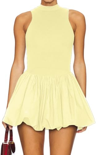 Womens Sexy Puff Mini Dress Causal Sleeveless High-Waist Knit A Line Dress Slim Fit Babydoll Short Sundress Yellow L | Amazon (US)