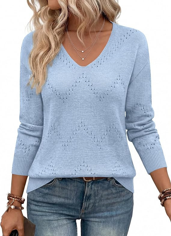 Zeagoo Womens Sweaters Fall Trendy Casual Long Sleeve Shirt Lightweight V Neck Off Shoulder Croch... | Amazon (US)