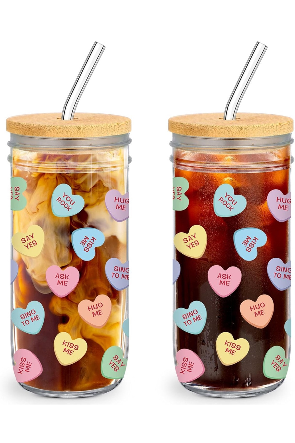 Skylety 2 Set 24 oz Candy Conversation Valentines Day Cups Gifts Iced Coffee Cups with Bamboo Lids and Glass Straw Sweet Heart Mug Mason Jar Glass Cups Can Shaped Glass Valentine's Day Party Gifts

#LTKParties #LTKHome #LTKGiftGuide