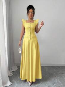 Elenzga Women's Elegant Bohemian Vacation Maxi Dress, V-Neck With Flutter Sleeves, Cinched Waist,... | SHEIN