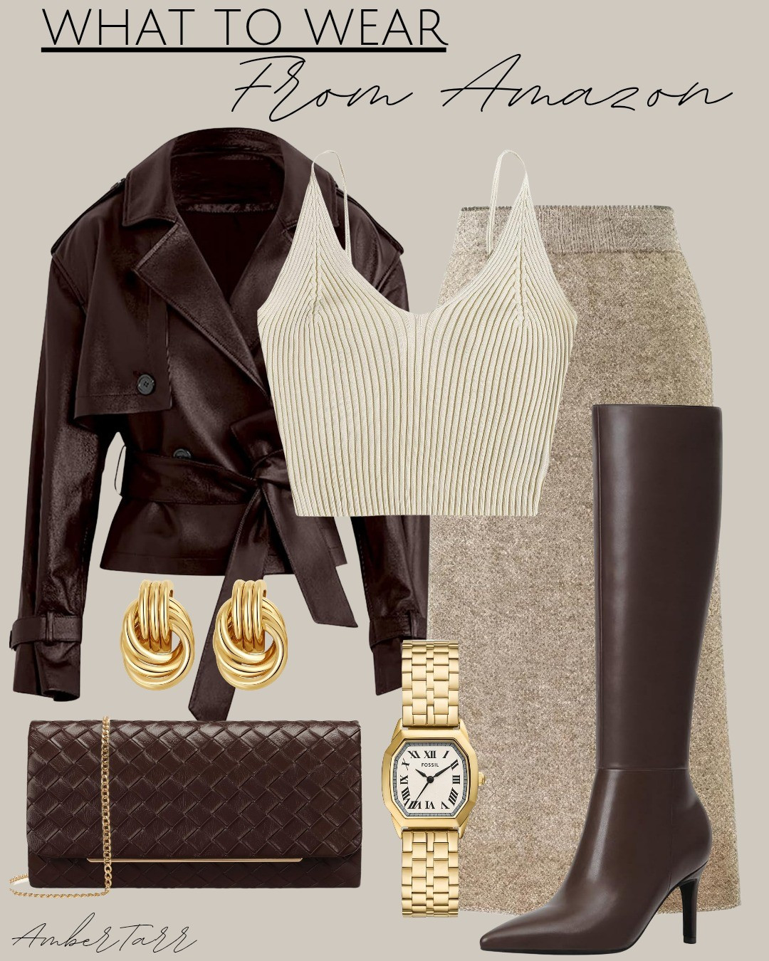 Cropped faux leather trench, skirt, knee high boots and gold accessories. Fall and winter date night or night out look from Amazon fashion. 

#LTKootd #LTKFindsUnder100 #LTKFindsUnder50