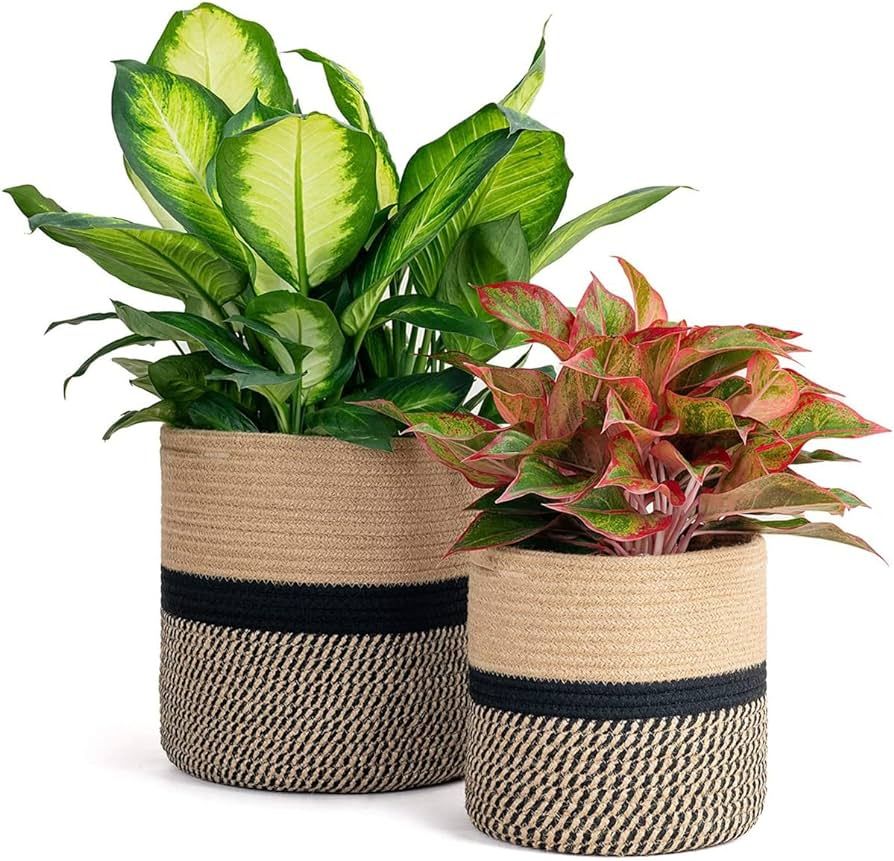 2 Pack Jute Rope Plant Basket, Modern Woven Storage Basket for 10'' Flower Pot Floor Indoor Plant... | Amazon (US)