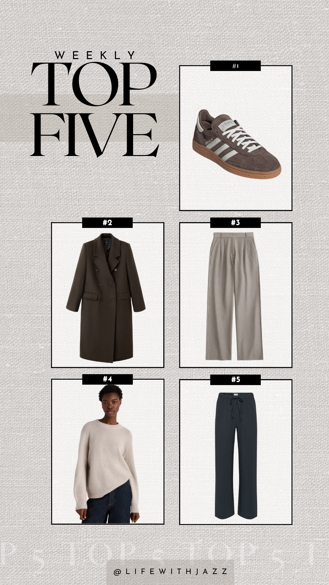 this week's bestsellers:

1. adidas handball spezial sneakers 
2. mango tailored coat -- on sale for under $150! 
3. abercrombie sloane tailored pants -- 20% off with code AF20 only in the app 
4. quince oversized cashmere sweater -- perfectly oversized, comes in several colors 
5. aritzia lodge pants -- wrinkle-free pull-on pants, perfect for everyday & travel, available in several colors & lengths 

 

#LTKSeasonal