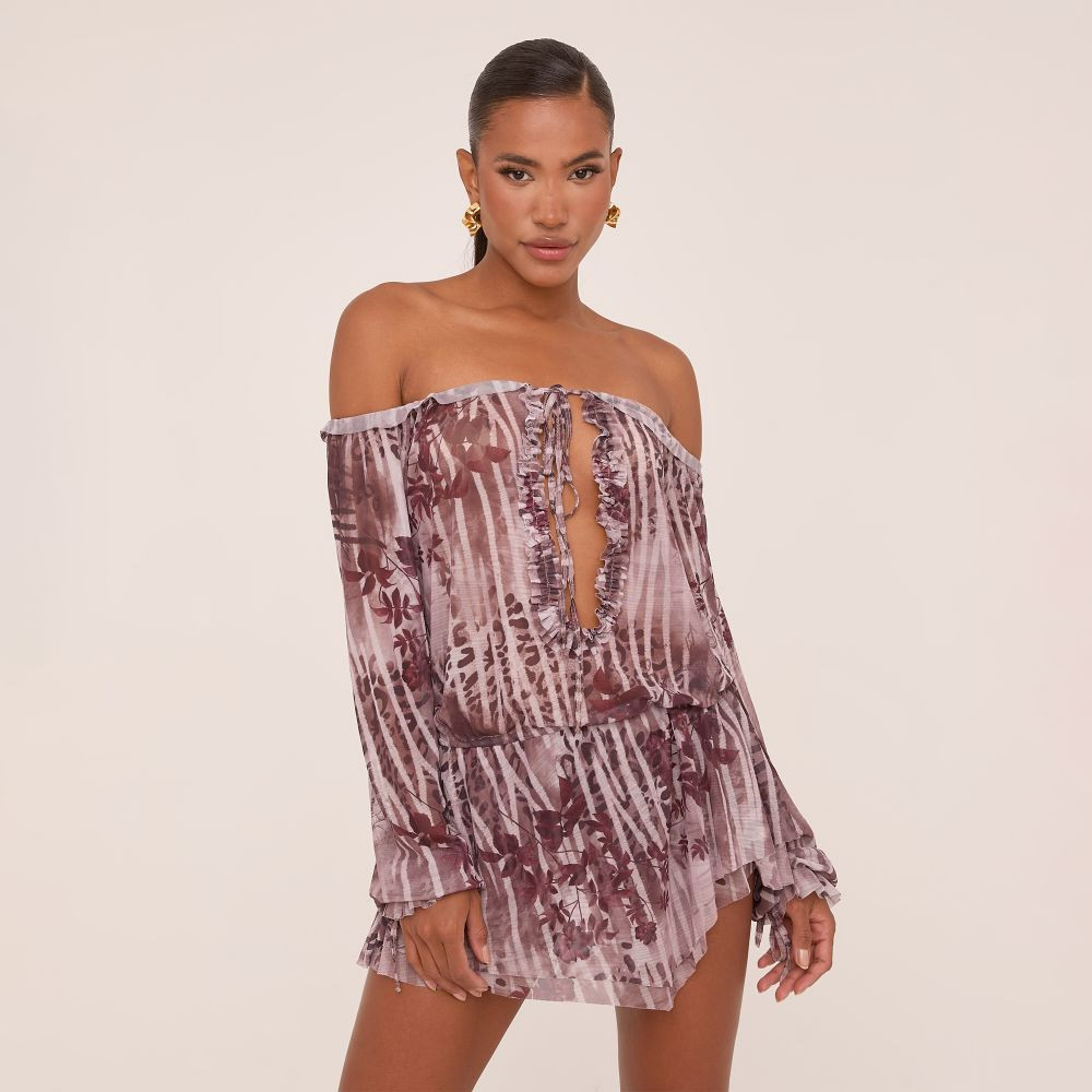Bardot Tie Front Flippy Hem Beach Dress In Brown Leopard Print Mesh | EGO (UK)