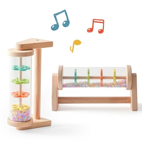 WOODEN TEETHER Wooden Soothing Rain Stick with Handle for 12 Months+ Babies Montessori Musical Baby Rattle Toys Calming Rainmaker for Early Sensory Development & Home Play | Amazon (US)
