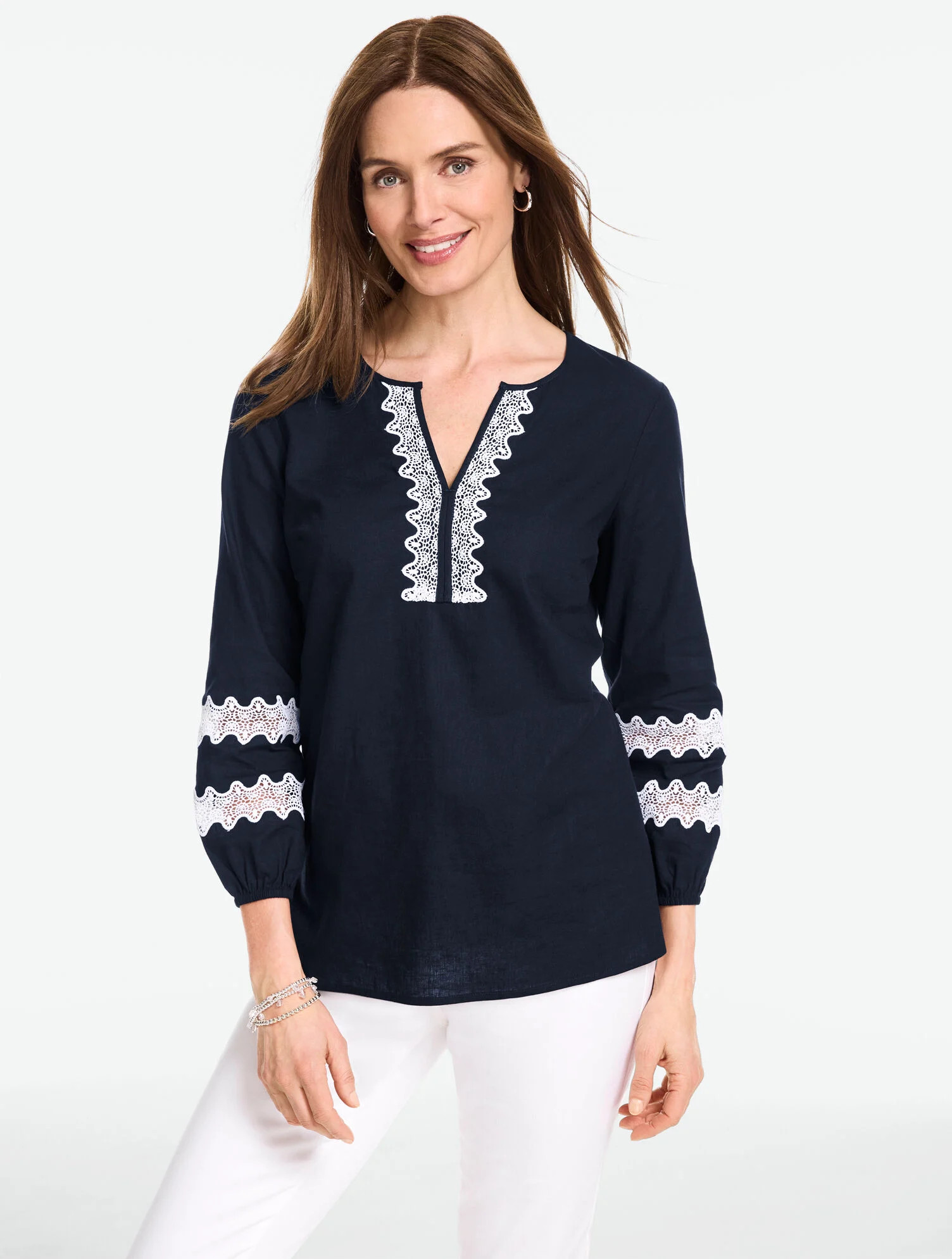 Lace Trim Linen Blend Top | Talbots