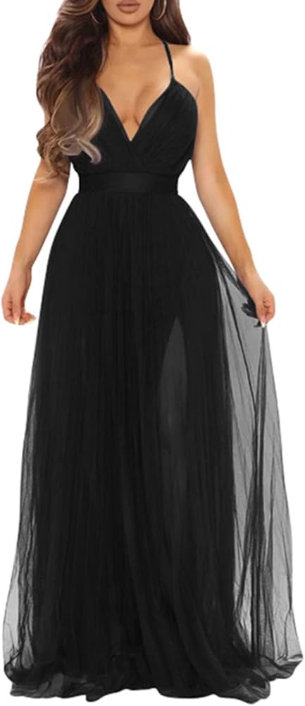 XXTAXN Women's Sexy Deep V Neck Split Cocktail Party Formal Bridesmaid Maxi Dress | Amazon (US)