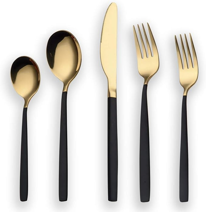 Berglander 20 Piece Titanium Black And Golden Plated Stainless Steel Flatware Set, Black Handle W... | Amazon (US)