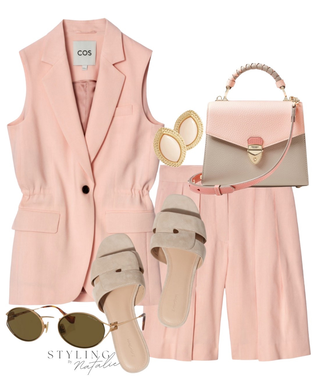 Summer outfit, linen co-ord set, peach waistcoat & culottes matching set, Aspinal bag, sandals, Miu Miu sunglasses, casual chic, holiday outfit, vest and shorts set, COS style.

#LTKeurope #LTKspring #LTKsummer