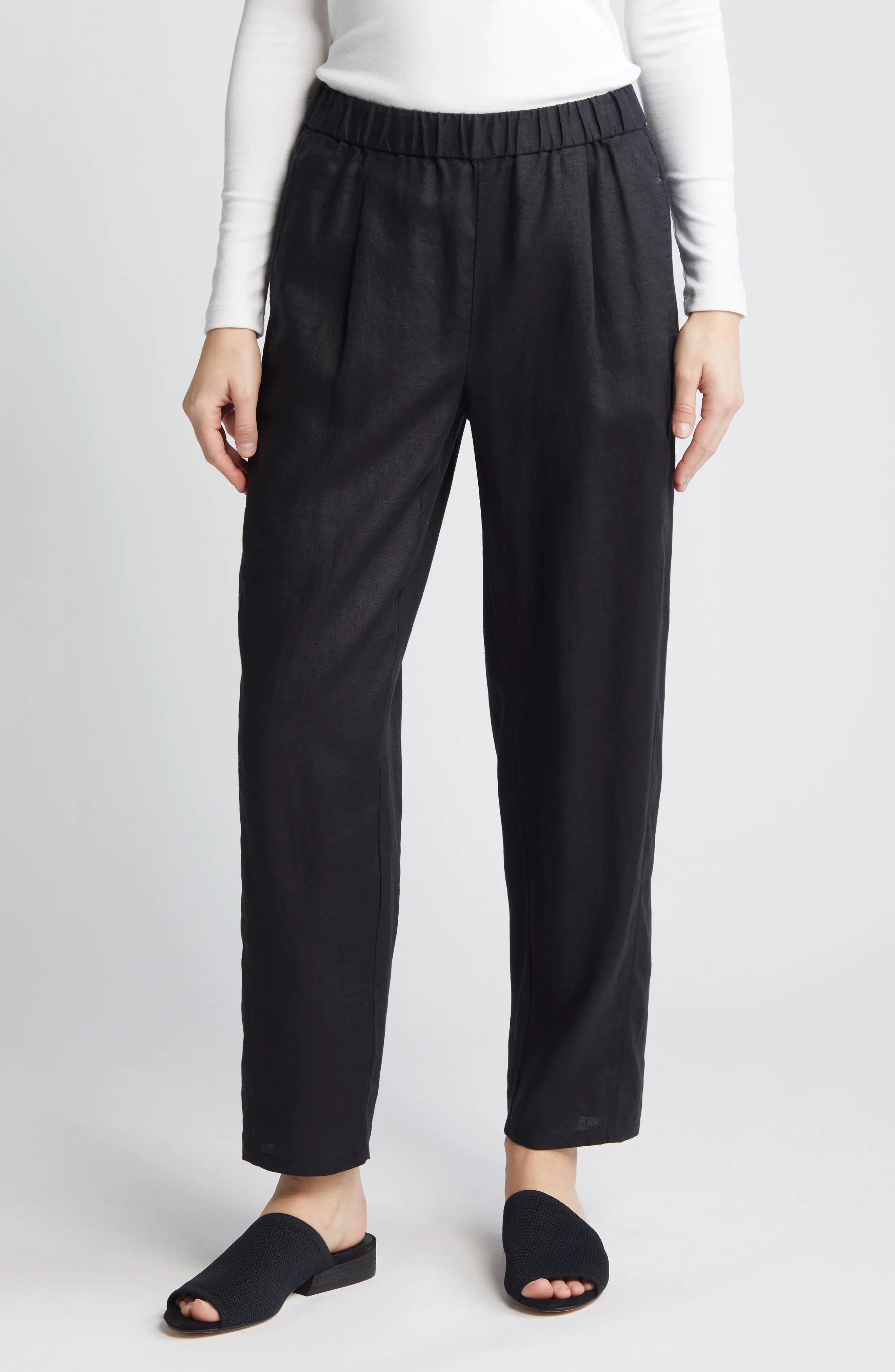 Eileen Fisher Pleated Organic Linen Lantern Pants in Black at Nordstrom, Size Medium P | Nordstrom