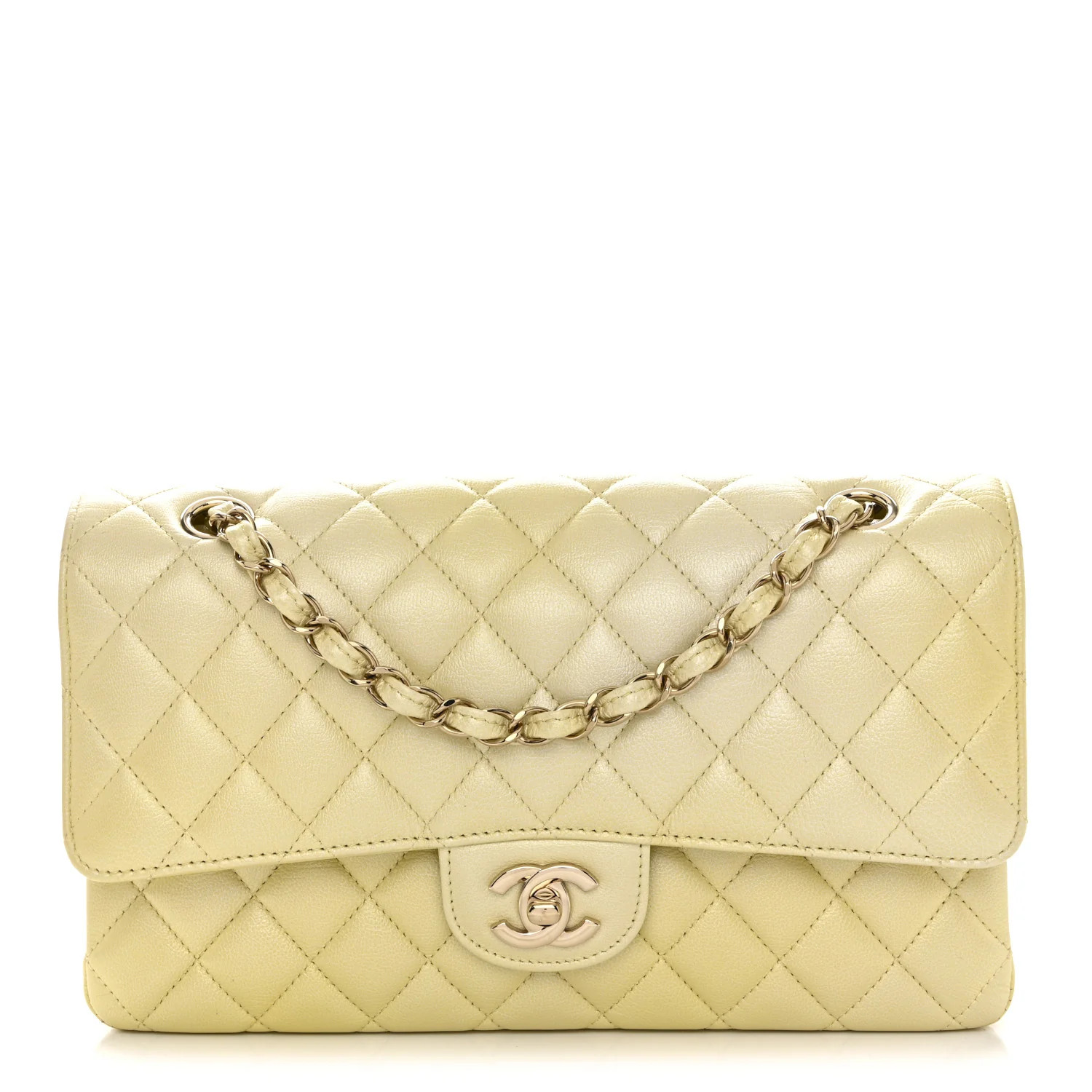 Cloudy Pearly Goatskin Quilted Medium Double Flap Light Yellow | FASHIONPHILE (US)