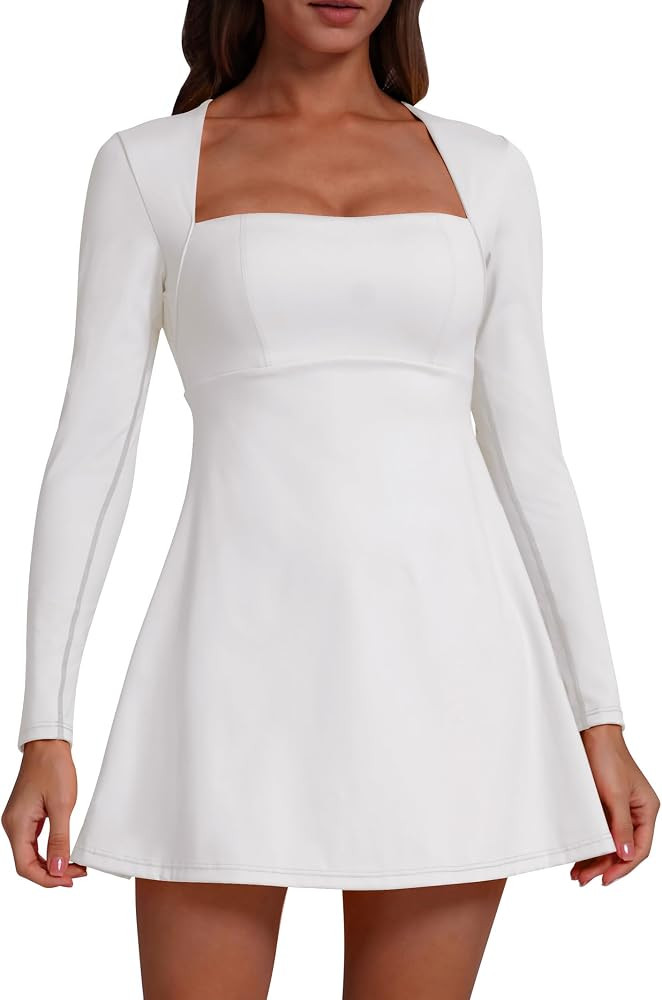 ABOCIW Womens Square Neck Long Sleeve Dress A-Line Flare Mini Dress Workout Athletic Dresses | Amazon (US)
