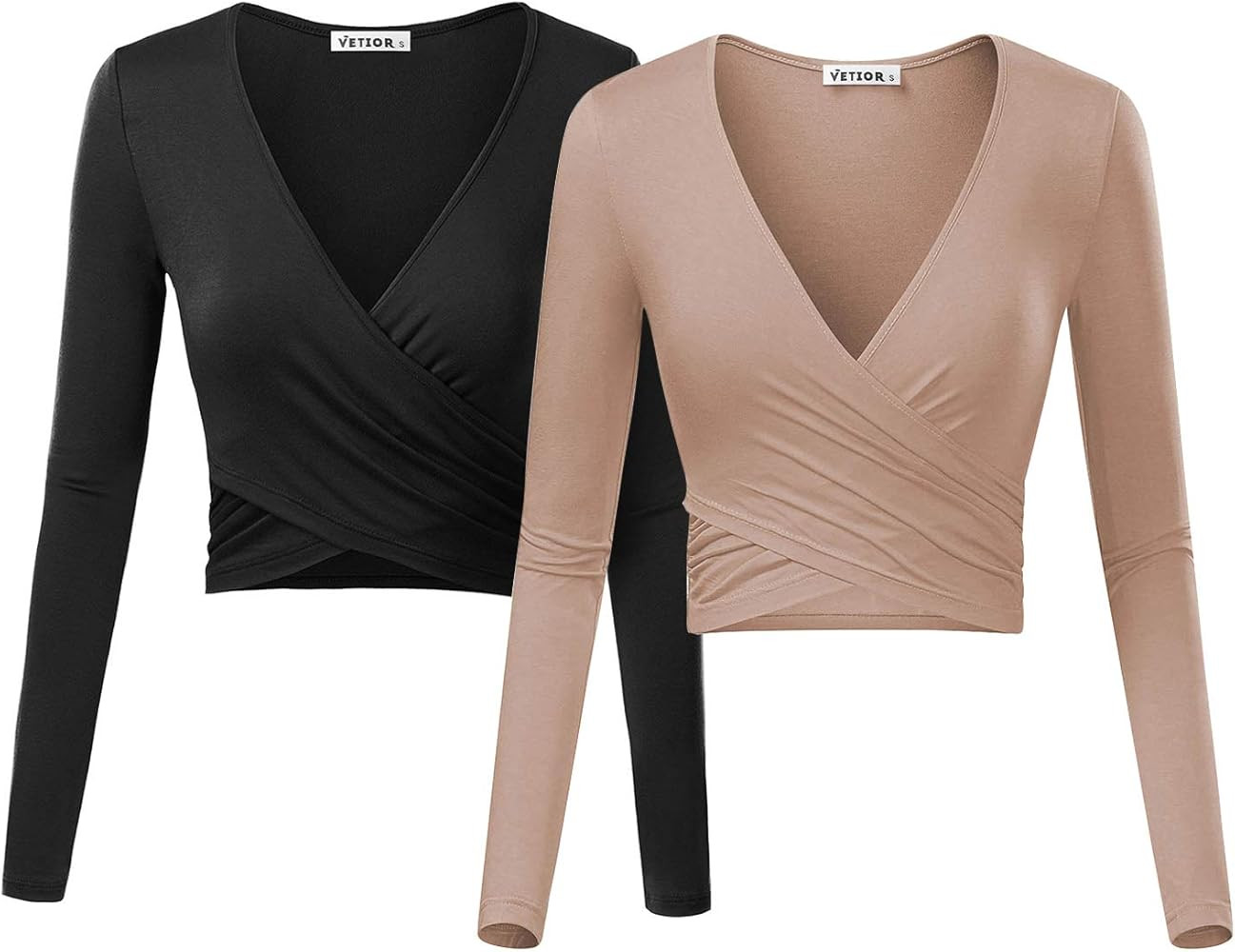 VETIOR Women's Deep V Neck Long Sleeve Unique Slim Fit Cross Wrap Shirts Crop Tops | Amazon (US)