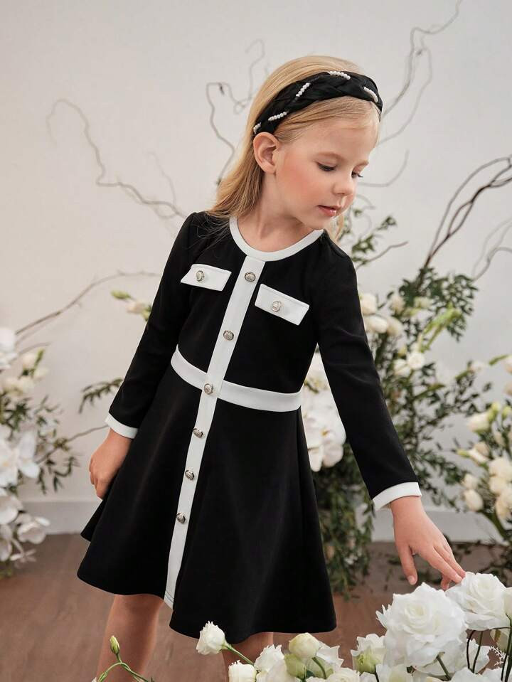 SHEIN Young Girl Knitted Colorblocked Crew Neck Fitted Casual Dress | SHEIN