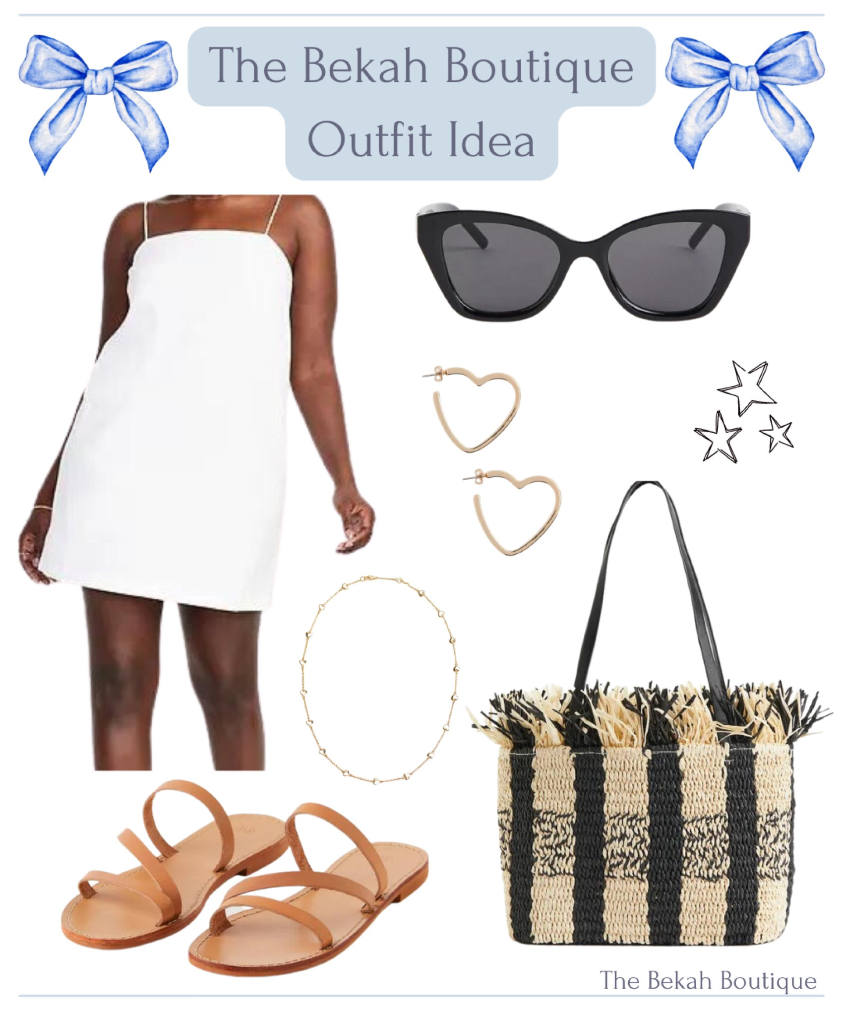 Under $100, under $50, spring, summer, spring outfit, summer outfit, white dress, little white dress, black sunglasses, heart earrings, heart necklace, raffia bag, beach bag, straw bag, leather sandals, Strappy sandals 

#LTKunder50 #LTKunder100 #LTKFind