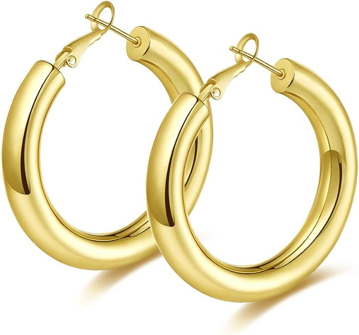 wowshow Thick Hoop Earrings Howllow 14K Gold Plated Gold Hoops for Women | Amazon (US)
